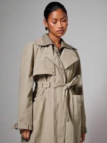 COSMINA Women's Solid Color Waist Pocket Casual Long Sleeve Trench Coat In Fall/Winter - Khaki - View 4