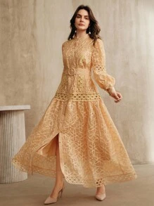 Anewsta Elegant Belted Lantern Sleeve Long Dress For Women - Orange - View 4