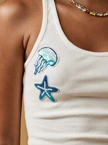 MISSGUIDED Débardeur côtelé de plage d'été, brassière, Top de gilet avec patch de vie marine, décontracté, col en U, ajusté, mode, vacances, court, vacances à la plage, festival, vêtements de plage