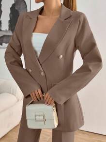 EURMUSE Women's Solid Color Double-Breasted Blazer & Pants Suit Set - Mocha Brown - View 3