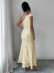 Elenzga 提花针织透视性感不对称领口交叉紧身鱼尾连衣裙 - 杏色 - 查看 2