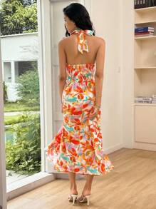 Ria Solene Women's Floral Print Ruffle Halter Neck Vacation Midi Dress Summer Dress - Multicolor - View 2