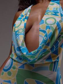 MUSERA Plunge Draped Halterneck Sheer Print Fitted Mini Dress Cover Up Ibiza Sexy Vacation Holiday Spring Summer Festival Beachwear Romantic Elegant Birthday Swim Date Night, Night Out, Birthday