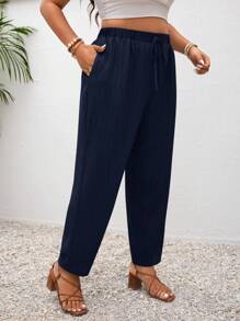 SHEIN PETITE CURVE Plus Size Vacation Solid Color Knotted Casual Pants With Pockets Navy Blue Pants Women Casual Pants Women Summer Pants Drawstring Pants Women Trousers