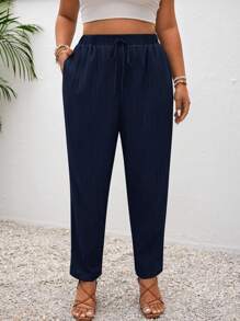 SHEIN PETITE CURVE Plus Size Vacation Solid Color Knotted Casual Pants With Pockets Navy Blue Pants Women Casual Pants Women Summer Pants Drawstring Pants Women Trousers