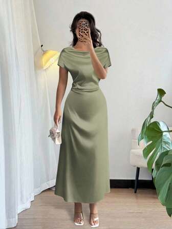 Rafferiza 女士优雅约会/办公室装高领系带短袖缎面连衣裙