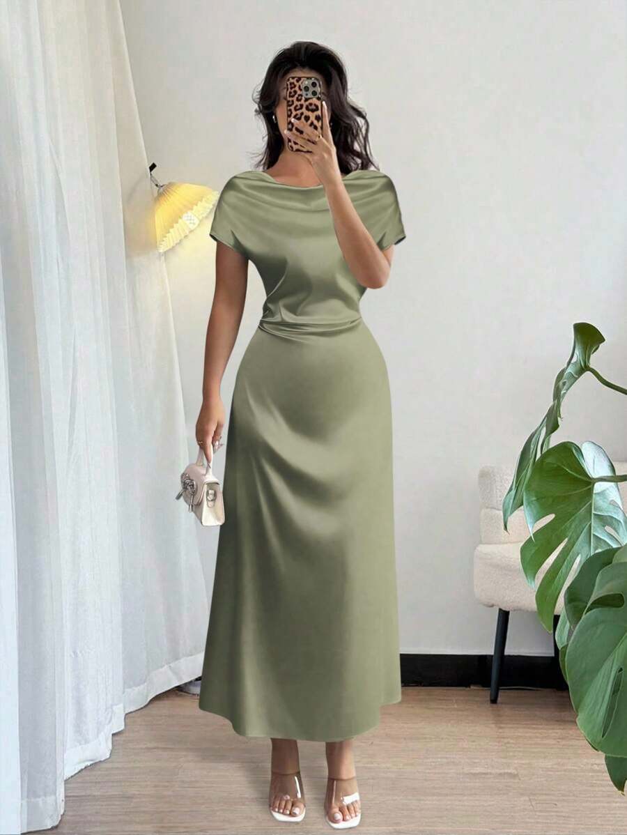 Rafferiza 女士优雅约会/办公室装高领系带短袖缎面连衣裙