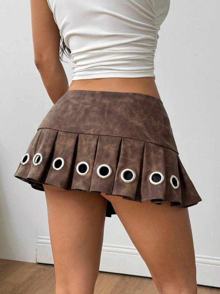 Coolane Women's  Fall/All-Season  Y2K Streetwear Punk Vintage Grunge Casual Western Wear Country Concert Distressed Leather  Pleated Skirt - Brown - View 2
