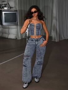 SHEIN ICON 女士镂空设计短款性感修身牛仔紧身背心 - 淺色水洗藍 - 查看 5