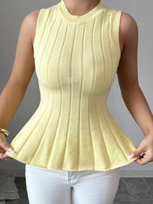Elenzga 女式优雅无袖圆领荷叶边下摆针织上衣，淡黄色，适合春、夏、秋季节、度假和节日针织套头衫秋冬 - Butter Yellow - 查看 4