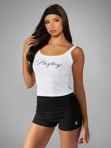 Missguided x Playboy Top de camisa elegante con logotipo de letra cursiva, informal y femenino para verano, con espalda de tirantes para uso casual, estudio, práctica, streetwear, festivales y playa, tipo top corto