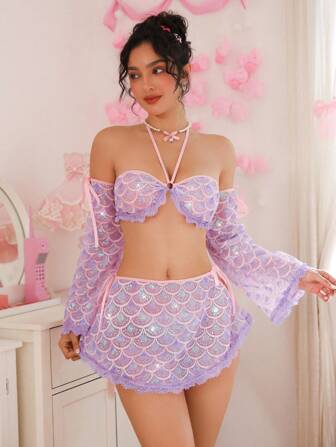 PetitDoll Set de 5 piezas de lencería sexy para mujeres que incluye top corto tipo halter con patchwork de encaje, decoración de lazos y adornos brillantes de lentejuelas