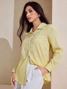 Graceveil Áo sơ mi dài tay giản dị trang trí hoa màu kem, mùa hè - Màu vàng - Xem 5