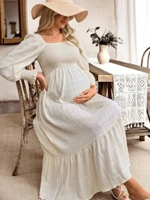 SHEIN 方领褶皱前后褶下摆孕妇装，秋季 - 杏色 - 查看 4