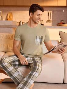 Manfinity Underwear&Sleepwear Basics Traje De Casa Para Hombres Con Diseño De Parches De Cuadros Y Estampado Con Bolsillos - Multicolor - Ver 4