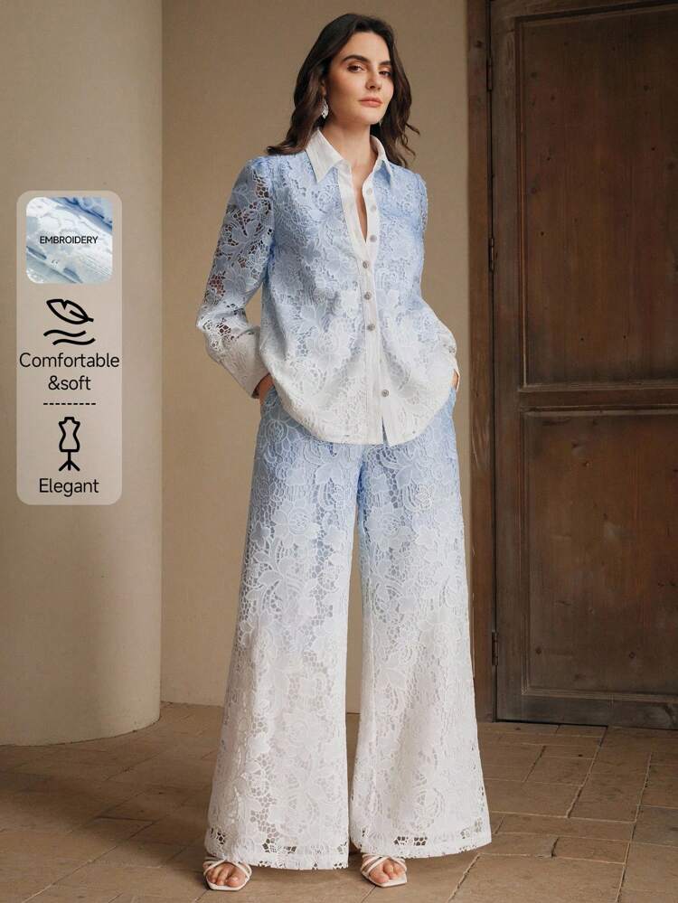 2pcs/Set Women Elegant Gradient Printed Lace Decorative Blouse & Wide-Leg Pants