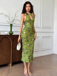 EastFlair 女士花卉亮片镂空性感吊带中长紧身连衣裙 - 綠色 - 查看 4