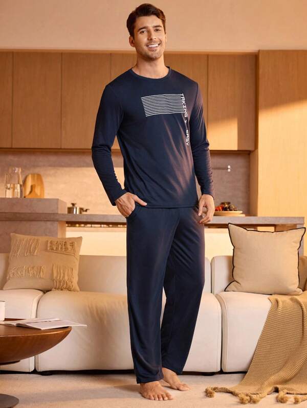 Manfinity Underwear&Sleepwear Basics Conjunto de ropa de estar en casa con camisa de cuello redondo de manga larga con estampado de letra y pantalones para hombre