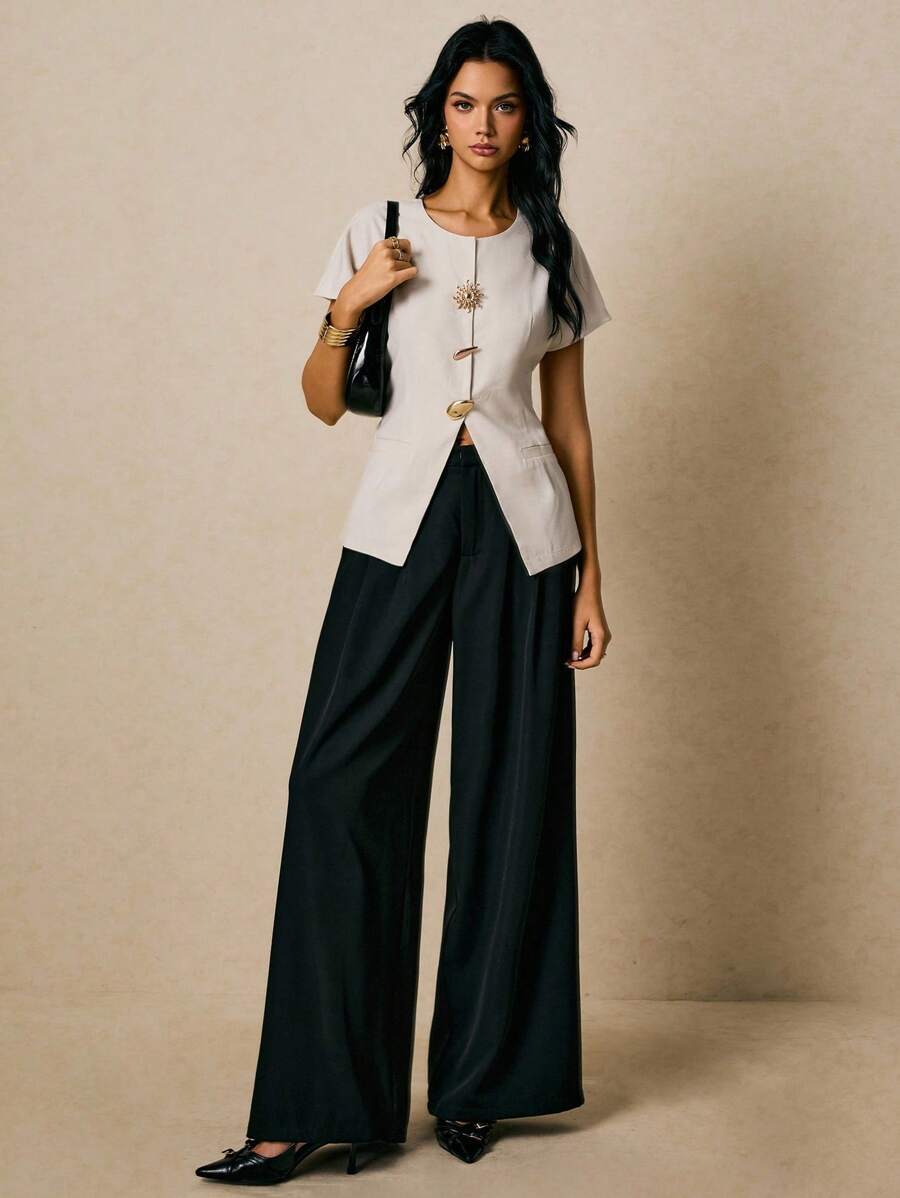 Poéselle Women's Round Neck Short Sleeve Linen Fabric Metal Button Decorated Blouse - Apricot - View 1