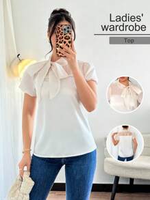 Islaluna Áo sơ mi nữ có nơ và trang trí ngọc trai, tay bồng, xuân/hè - Màu be - Xem 1