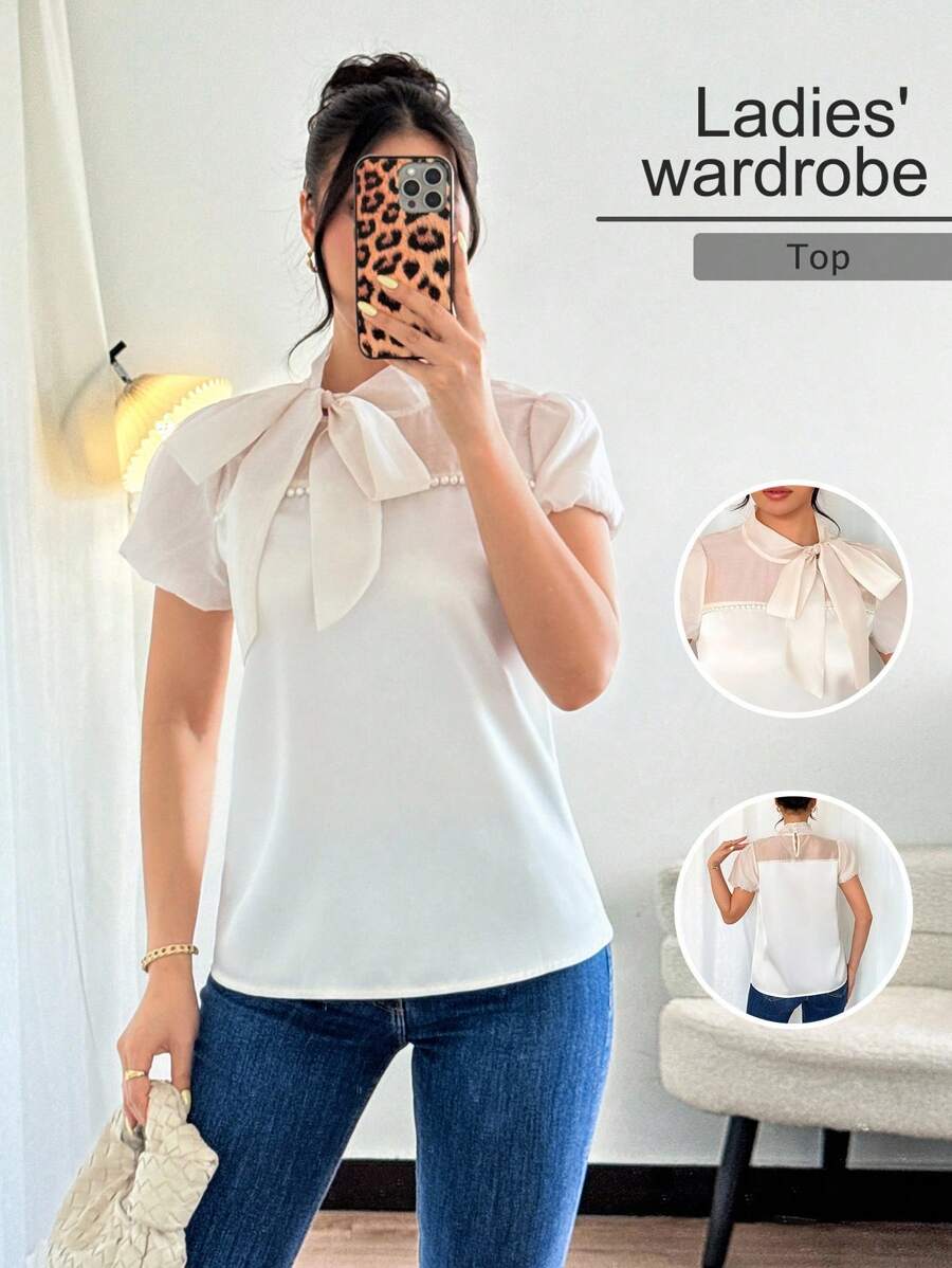 Islaluna Áo sơ mi nữ có nơ và trang trí ngọc trai, tay bồng, xuân/hè - Màu be - Xem 1