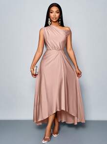 SOLERSUN Thời trang xuân hè cho nữ, tiệc sang trọng, màu tím, chất liệu dệt kim co giãn, thoải mái, chi tiết xếp nếp, váy dài xẻ tà, cổ áo bất đối xứng, viền bất đối xứng - Hồng - Xem 4