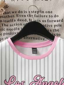 Muchica Áo thun tay ngắn cổ tròn in họa tiết sọc thể thao màu hồng chữ cái tiếng Anh đơn giản, thoải mái dành cho nữ, phù hợp cho mùa hè, mùa thể thao, phong cách đại học, phong cách học sinh, phong cách quý tộc - Nhiều màu - Xem 3