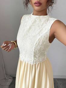 Selianne Vestido Elegante Feminino de Renda Contrastante sem Mangas, Adequado para Casamento, Aniversário, Outono - Damasco - Visão 4