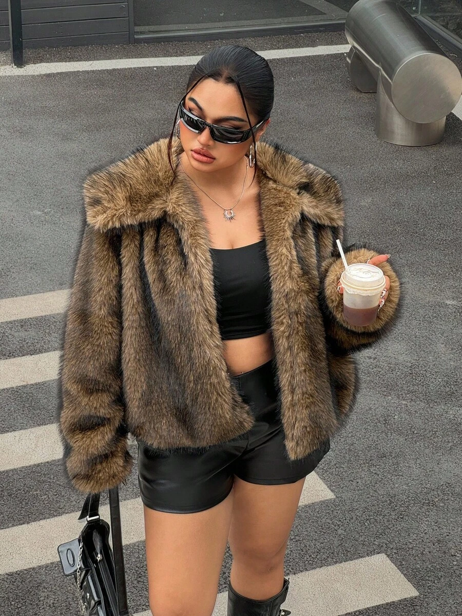 Muchica Plus Size Casual Turndown Collar Open Front Faux Fur Coat Winter Fall Autumn - Brown - View 1