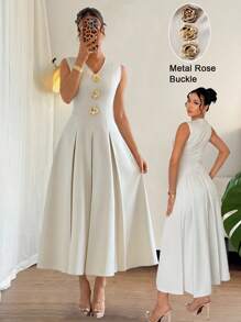 Rafferiza Váy chữ A không tay cổ chữ V có nút kim loại màu vàng hồng, eo thắt - Màu be - Xem 1