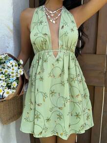 Lyxana Women's Casual Vacation Sequins Chiffon Embroidered Halter Ruched Backless Bowknot Mini Dress, Summer - Green - View 8