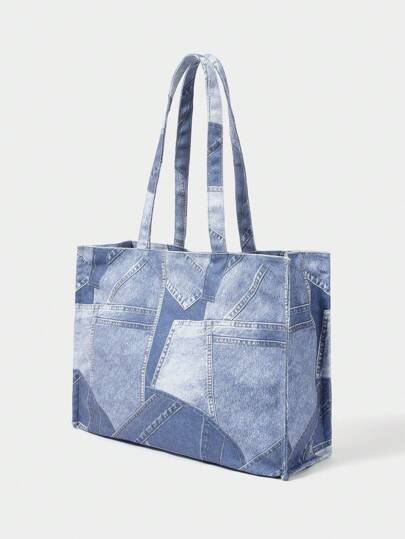 SHECARRY 女士时尚简约休闲街头风格百搭不对称印花托特包购物袋大容量旅行日常使用