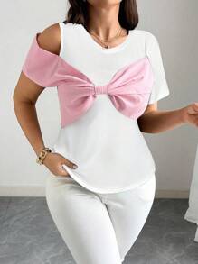 Elenzga Plus Size Women's Summer Bow Decor Short Sleeve Fashion T-Shirt - White - View 4