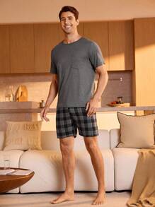 Manfinity Underwear&Sleepwear Basics Pijama masculino con estampado de cuadros y bolsillo parche