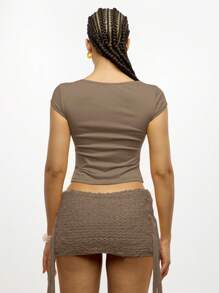 SUMWON WOMEN 系带短款上衣时尚短袖修身夏季节日短款上衣，前部采用紧身胸衣风格