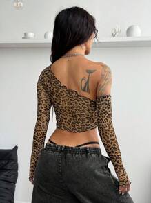 Coolane Y2K Music Festival Leopard Stretchy Breathable Mesh Asymmetrical Neck Crop Tops