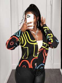 BamGleam 女士时尚字母涂鸦印花深 V 领长袖休闲宽松针织开衫 - 藏蓝色 - 查看 5