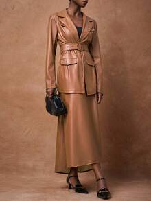 Zivah Traje de mujer de 2025 con chaqueta de solapa plana, cuello en V, manga larga, decoración con cinturón y falda a línea A con cintura elástica en color marrón, adecuado para ocasiones importantes, diarias y de citas. - Marrón - Ver 6