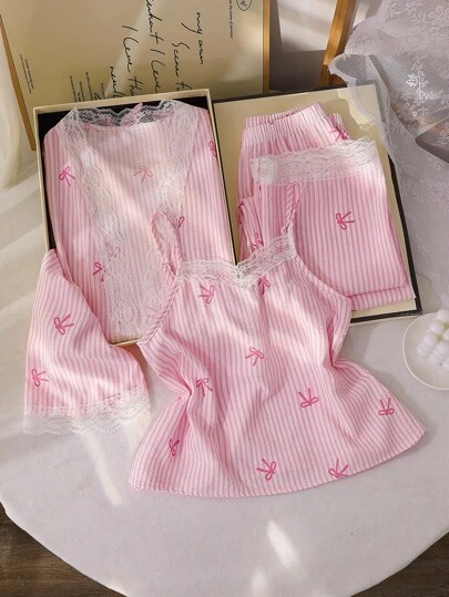 青少年女孩三件套睡衣套装 - 时尚优雅粉色条纹蝴蝶结和花卉印花长袍，带蕾丝边装饰和吊带背心，带长裤，粉色条纹睡衣，返校时尚