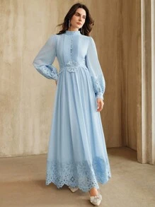 Anewsta Elegant French Style Patchwork Embroidered Lace Design Blue Dress For Women - Blue - View 3