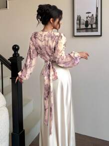 Modelyn Áo cánh Chiffon họa tiết hoa thanh lịch lãng mạn cho nữ, Xuân/Hè - Màu be - Xem 5