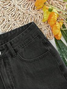 SHEIN EZwear Quần short denim đa năng thường ngày có túi bo gấu dành cho nữ - màu đen - Xem 4