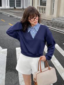 SHEIN Girls American College Style 2 In 1 Plaid Patchwork Collared Sweatshirt Fall Winter - Navy Blue - View 3