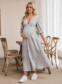 SHEIN 波尔卡圆点印花短袖开衩中长孕妇装 - 彩色 - 查看 3