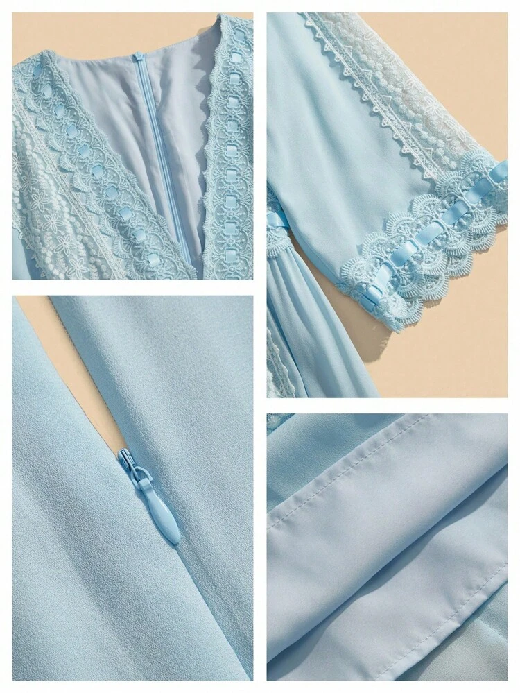 Elegant Deep V-Neck Embroidered Lace Panel Maxi Dress