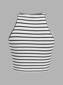 SHEIN EZwear Bộ 4 áo ba lỗ nữ thường ngày, họa tiết kẻ sọc và da báo, áo ôm vừa vặn đa năng, thích hợp mặc ở sân bay, trở lại trường, áo mùa hè - Nhiều màu - Xem 6