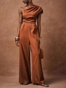 Zivah 2025 夏季新款休闲通勤度假气质棕色单肩褶皱阔腿长款女连体裤，毕业季，日常旅行，优雅，派对聚会，节日，早午餐装，机场装，返校，通勤，购物，旅行，约会，婚礼，度假 - 棕色 - 查看 4