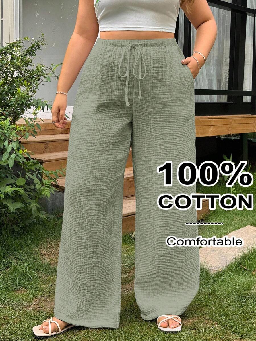 SHEIN EZwear Pantalones anchos casuales de color verde oliva con cordón y bolsillos para mujer de talla grande - Verde Oliva - Ver 1