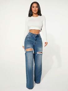 SHEIN SXY Casual Washed Distressed Straight Leg Jeans - Dark Wash - View 2