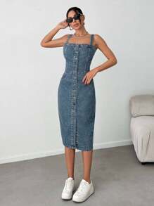 EURMUSE Slant Pocket Button Front Overall Denim Midi Dress - Light Wash - View 3